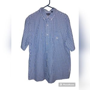 Chaps Men's Easy Care Blue & White Gingham Short Sleeve Casual Business …